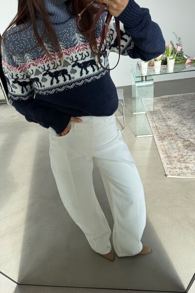 Özge Özgenç Turtleneck Deer Patterned Wool Sweater