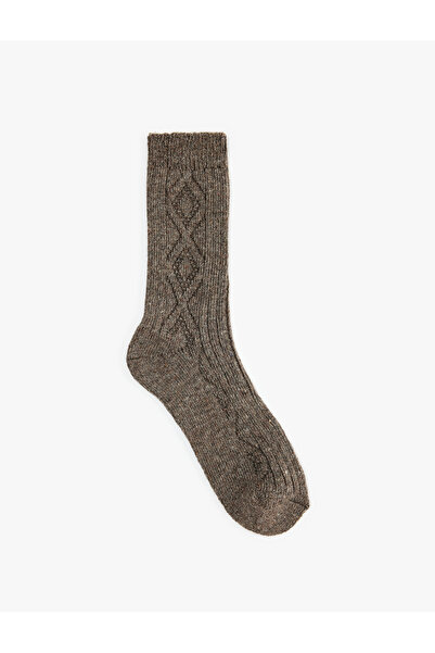 Koton Thick Sheep Wool Blend Diamond Pattern Textured Socks