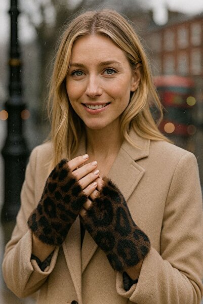 FELLMENS قفازات نسائية من القطيفة بنقشة الفهد باللون البني