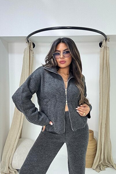 Sohotique By P Double Zipper Detail Cardigan Anthracite