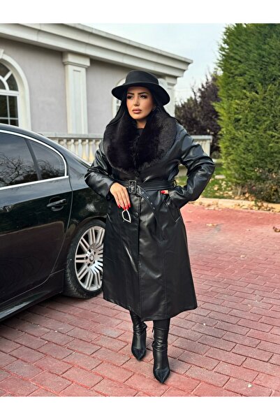 Göker Life Şal yaka kürk detaylı premium deri kaban