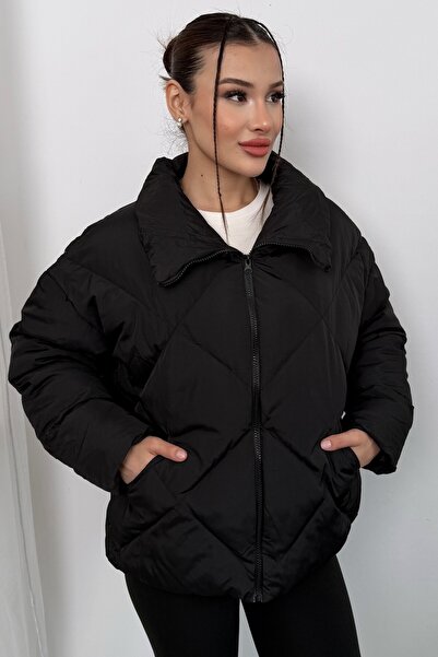 moda armanc Women's Black Oversized Puffer Coat - High Collar, Argyle Pattern