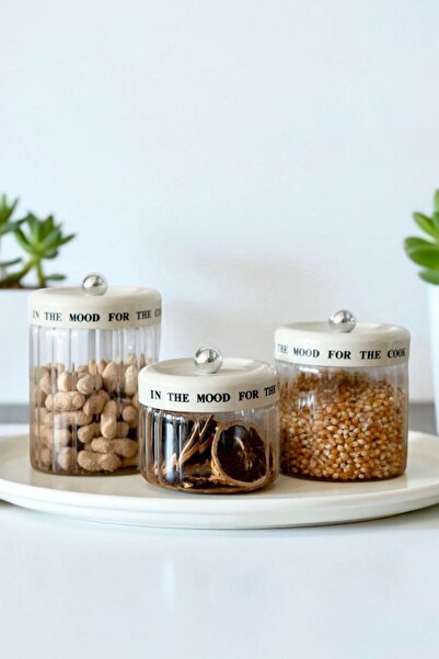 GLAMZE 3'lü Krem Vakum Kapaklı Motto Cam Kavanoz Seti (850-1100-1400)