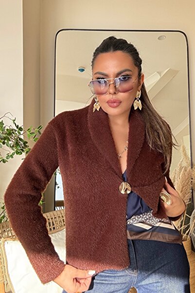 Sohotique By P Bearded Knitted Jacket Model Single Button Cardigan Brown