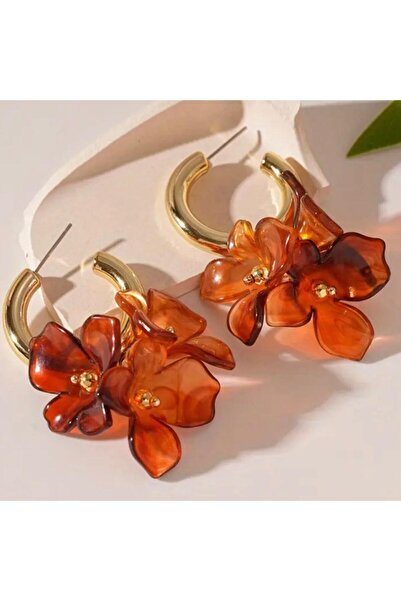 Haziran Accessory Acrylic Flower Model, Dangle C Shape, Gold Women's Earrings