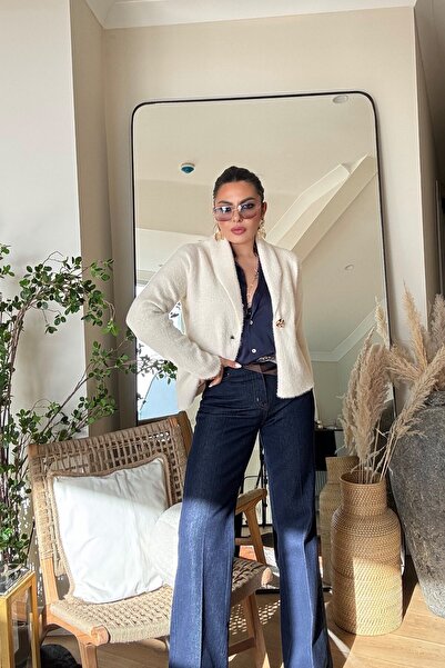 Sohotique By P Bearded Knitted Jacket Model Single Button Cardigan Stone