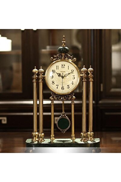 Livava Mermer Detaylı Masa Saat Şık Nostaljik Metal Sütun Sarkaçlı, 42x28