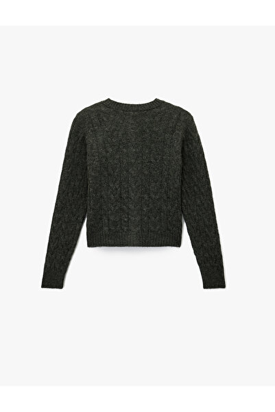 Koton Hair Braid Textured Stone Detailed Buttoned V-Neck Knitwear Cardigan