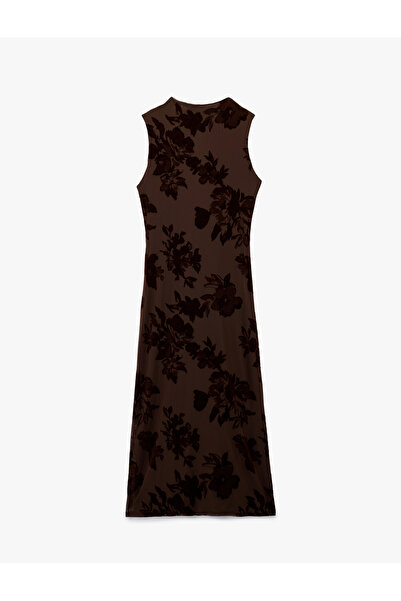 Koton Slim Fit Sleeveless Crew Neck Draped Floral Tulle Long Pencil Dress