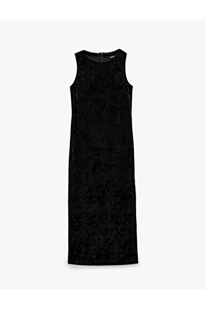 Koton Midi Length Sleeveless Round Neck Velvet Dress