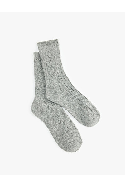 Koton Thick Sheep Wool Blend Diamond Pattern Textured Socks