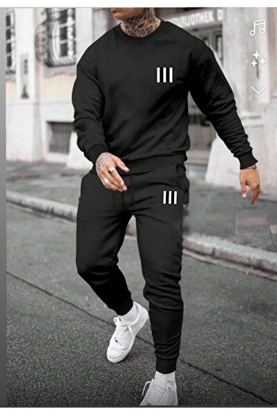 ALCİNOUS Black Three-Stripe Printed Cropped Sweatshirt and Trackpants Two-Piece Set