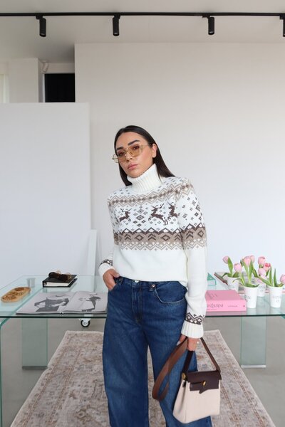 Özge Özgenç Turtleneck Deer Patterned Wool Sweater
