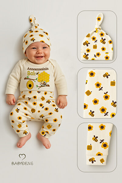 BABYDEN'S Grandmother's Honey 3-Piece Newborn Set Cotton Long-Sleeve Bodysuit, Floral Bee Pattern Ribbed Pants, Beanie