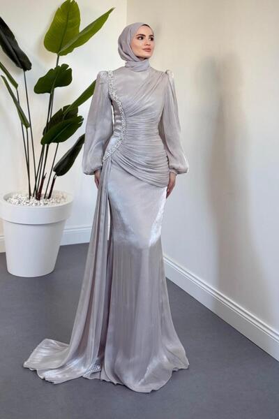 MERVEN AKYÜZ Ansel Yandan Taşlı Drapeli Janjan Abiye Taş