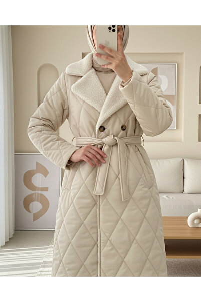 Modamorfo Καπιτονέ παλτό με λούτρινο γιακά και επένδυση από βελούδο, με ζώνη στη μέση και τσέπες - Μπεζ