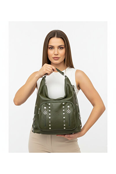 Kılinkır Shallow Model High Quality Soft Leather with Stone Side Pockets Multi-Section Large Size Backpack and Shoulder Bag