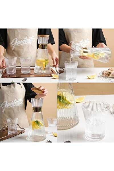 PUFO Carafă specială din sticlă cu capac etanș din bambus și 6 pahare canelate - Set elegant de servire