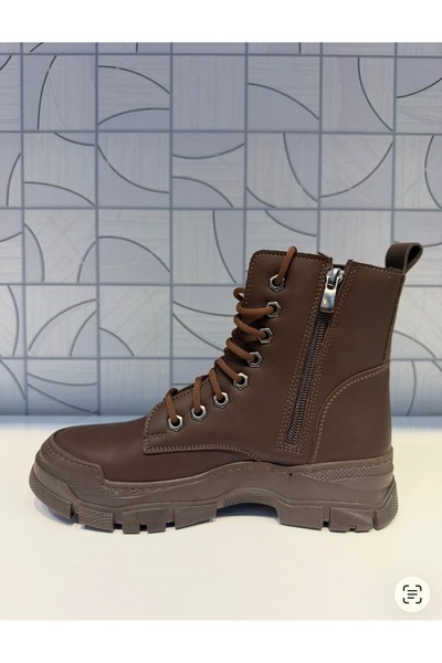 Anıl Ayakkabı Rana Women's Brown Zippered Lace-Up Boots Rubber Non-Slip Sole Sports Casual Boots