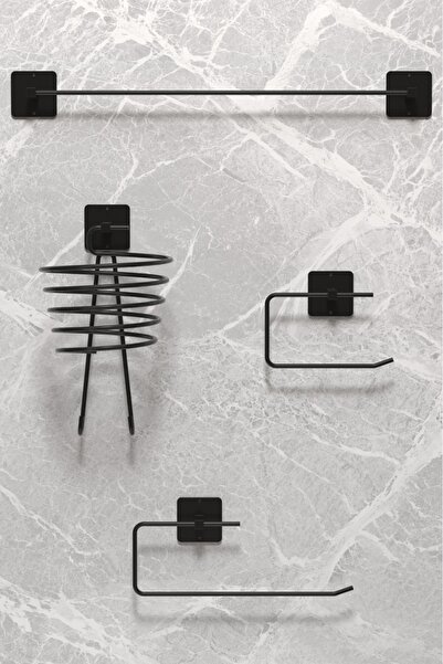 HKN HOUSE Yapışkanlı Vidalı 4 Lü Siyah Fön Makinesi Askısı kağıt havluluk Hav...