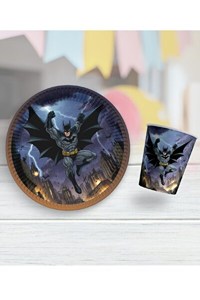 Bkmc Set de 8 farfurii și pahare cu tematică Batman pentru petrecerea de ziua...
