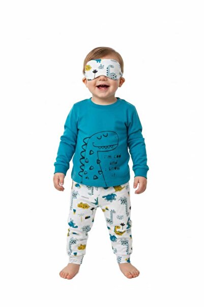 Kila Baby Kids Erkek Çocuk Dinazor Baskılı Göz Bandanalı Pijama Takımı %100 P...