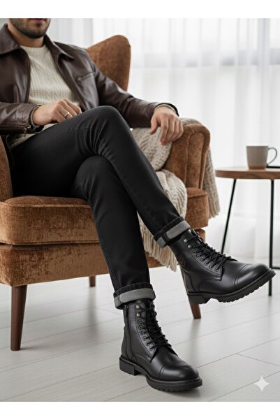 MAKRAS EXCLUSIVE Sergeant Genuine Leather Fur Lining Black Boots