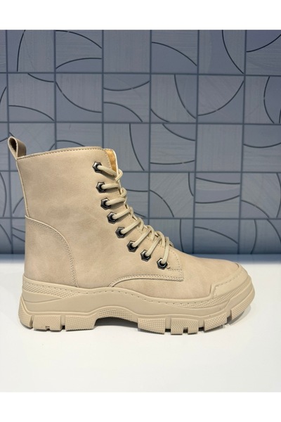 Anıl Ayakkabı Rana Women's Beige Cream Zippered Lace-Up Boots Rubber Non-Slip Sole Sports Casual Boots