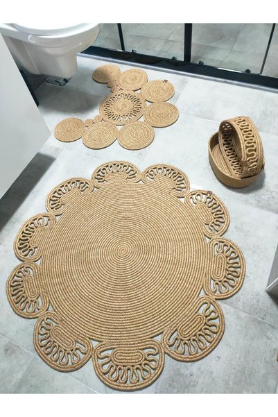 ADES HOME DESİGN Jute,Bath Set,Bath Set,Bath Mat, Mat Set,Makeup Basket,Detergent Basket,Toilet Seat Mat