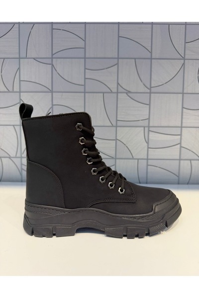 Anıl Ayakkabı Rana Women's Black Zippered Lace-Up Boots Rubber Non-Slip Sole Sports Casual Boots