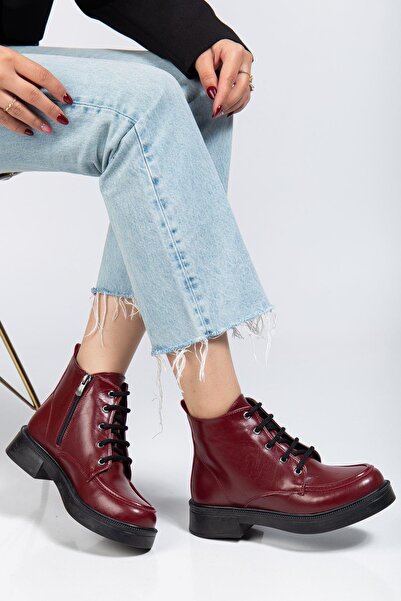 Mida Shoes 02-2001 Bordo Kırışık Rugan Bağcıklı Fermuarlı Günlük Kadın Bot