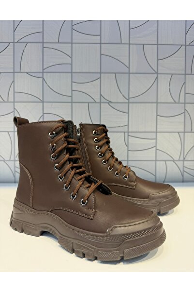 Anıl Ayakkabı Rana Women's Brown Zippered Lace-Up Boots Rubber Non-Slip Sole Sports Casual Boots