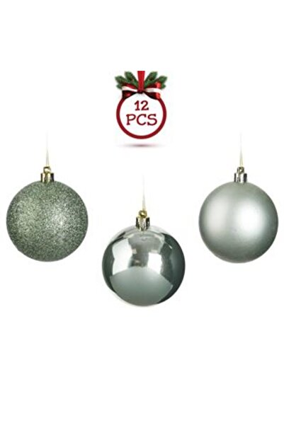 Craciun Set of Mint Green Matte Glossy Globes with Glitter Ø8cm - 12pcs