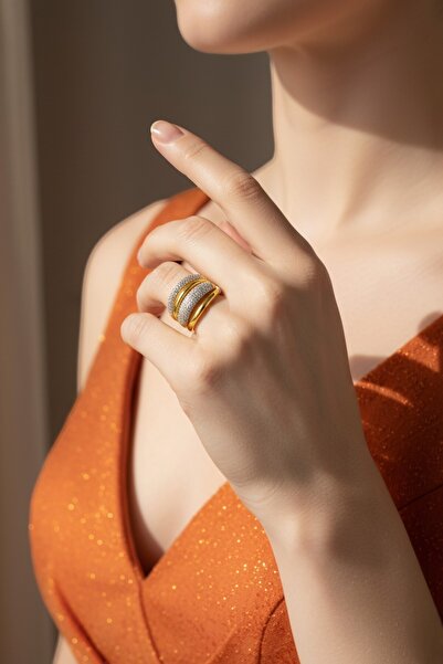 Lorivelle Kadın Çok Sıralı Taşlı Titanyum Çelik Yüzük | 14K Altın Kaplama Aya...