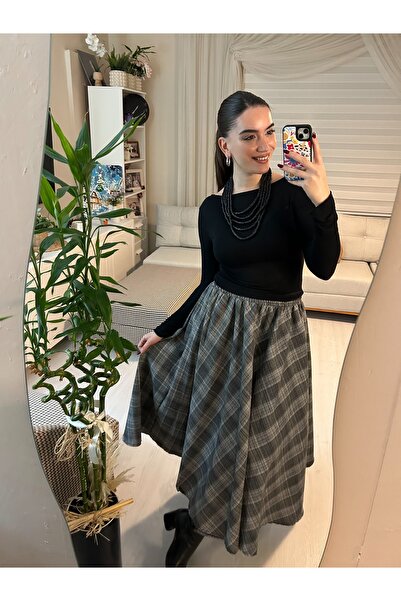 SelenFashion Füme Ekose Desenli Kloş Midi Etek