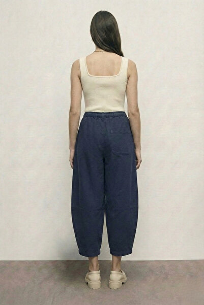 Atölye Güven Women's Navy Blue Drawstring Waist Patch Pocket Linen Look Balloon Cut Trousers
