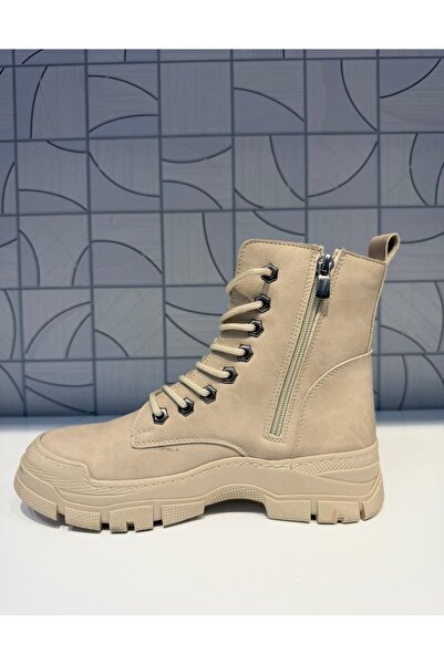 Anıl Ayakkabı Rana Women's Beige Cream Zippered Lace-Up Boots Rubber Non-Slip Sole Sports Casual Boots