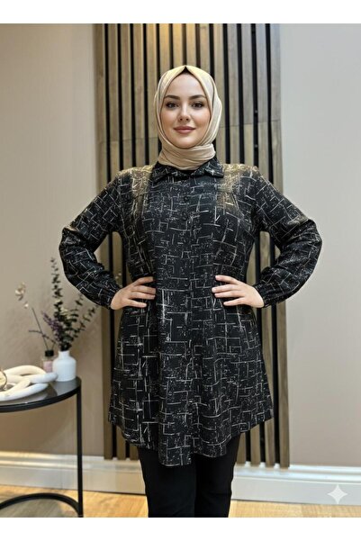 AKMAVİ Kadın Tesettür Giyim Baskılı Turlu penye Gömlek