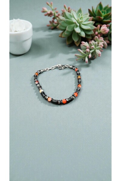 alyacs Coral Tone Natural Stone and Hematite Combination Bracelet Cube Cut Un...