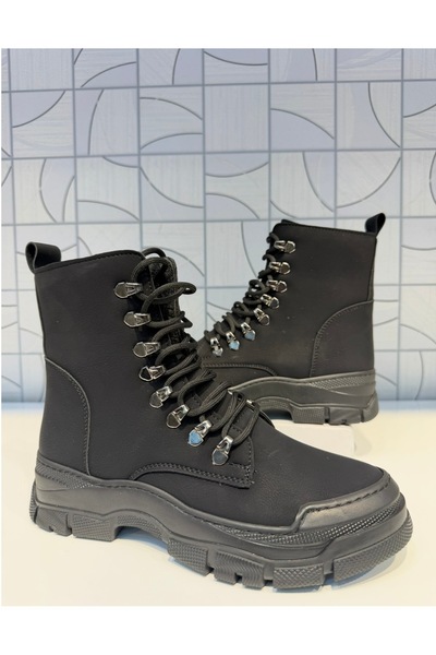 Anıl Ayakkabı Rana Women's Black Crazy Zippered Lace-Up Hook Detail Boots Rubber Non-Slip Sole Sports Casual Boots