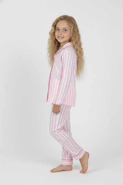 Ceylin Fashion Girls' 100% Cotton Pink White Vertical Striped Long Sleeve Button-Down Pajamas Set Cf-25027