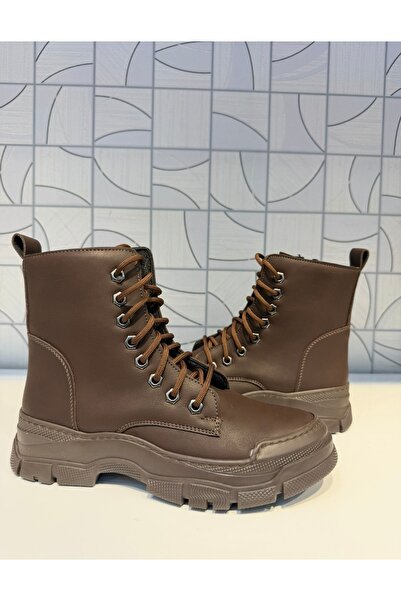 Anıl Ayakkabı Rana Women's Brown Zippered Lace-Up Boots Rubber Non-Slip Sole Sports Casual Boots