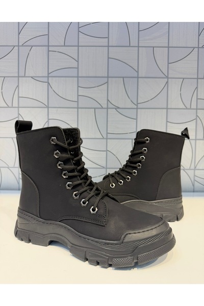 Anıl Ayakkabı Rana Women's Black Zippered Lace-Up Boots Rubber Non-Slip Sole Sports Casual Boots