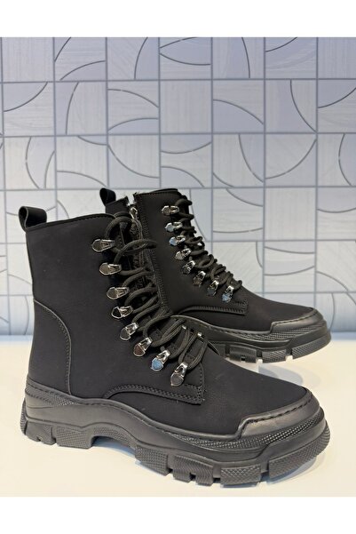 Anıl Ayakkabı Rana Women's Black Crazy Zippered Lace-Up Hook Detail Boots Rubber Non-Slip Sole Sports Casual Boots