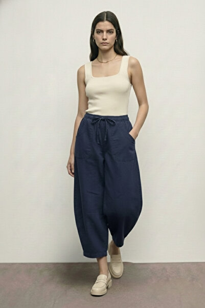 Atölye Güven Women's Navy Blue Drawstring Waist Patch Pocket Linen Look Balloon Cut Trousers