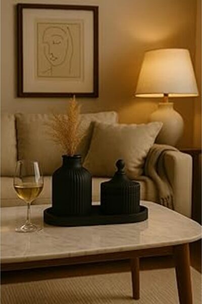 SanalAMCA Store طقم ديكور أسود مكون من 3 قطع - مزهرية مخططة، حامل شموع بغطاء ...