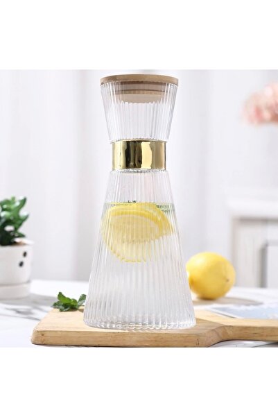 PUFO Carafă specială din sticlă cu capac etanș din bambus și 6 pahare canelate - Set elegant de servire