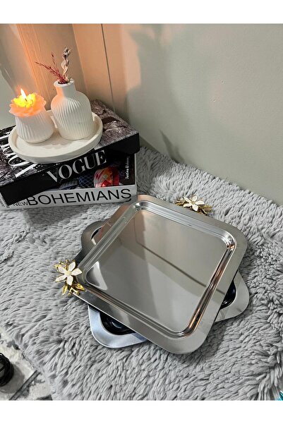 Genel Markalar 2'Li Paslanmaz Çelik Mini Papatya Aksesuarlı Kahve Sunum & Servis & İkramlık Tepsisi