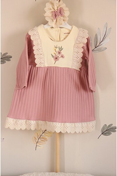 MİNİBORN Çiçek İşlemeli Kız Bebek Pembe Elbise