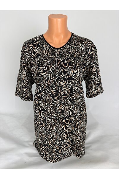 YAŞAR TRİKO Women's Black Brown U-Neck Short Sleeve Patterned Slit Woven Visc...